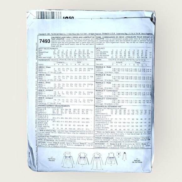 Vintage 1990s McCalls Sewing Pattern 7493 Girls Dress Jumpsuit Size 7-10 Uncut - Picture 2 of 2